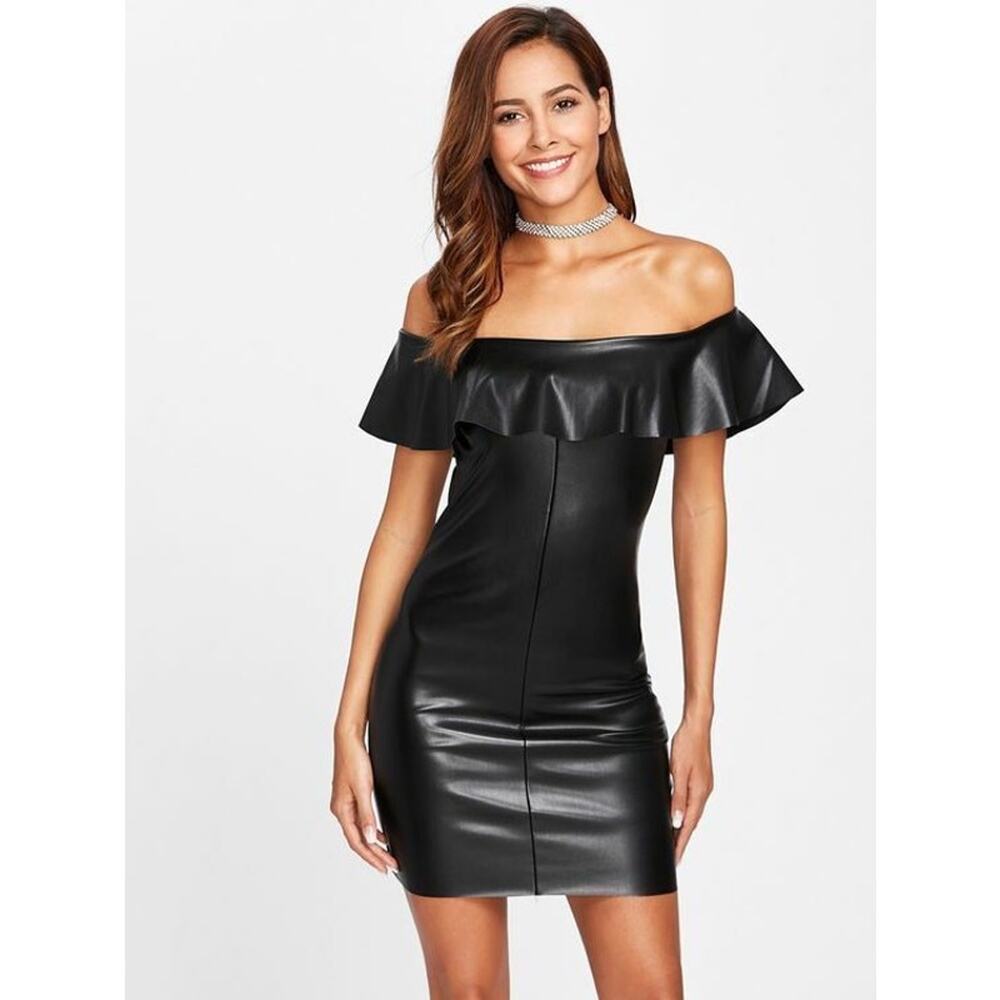 Mango Black Vegan Leather Off the Shoulder Ruffle Mini Bodycon Dress Size S